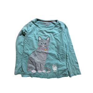 Mini Boden 5-6Y Girls Teal Long-Sleeve Cat and Mouse Graphic